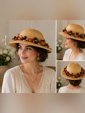 Vintage Frank Olive X Bonwit Teller Straw Fruit Hat Grapes Floral Trim 22"